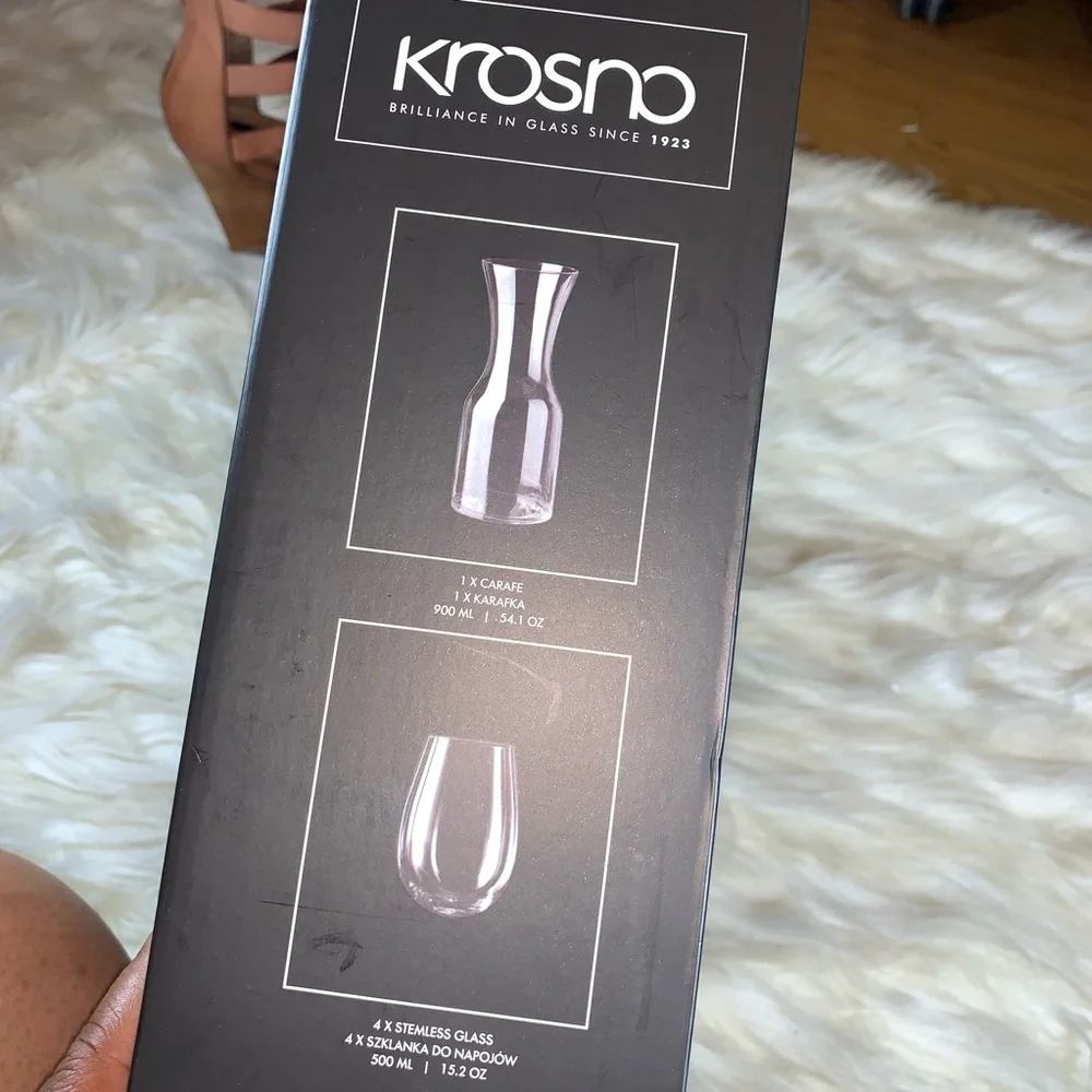 Krosno 5 Piece Glass Carafe Set | Decanter + 4 Stemless Wine Glasses